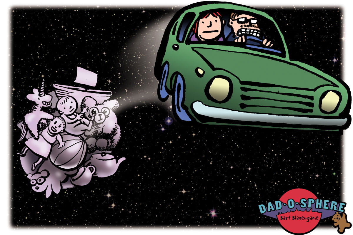 Illustration of parents driving off in car in outerspace